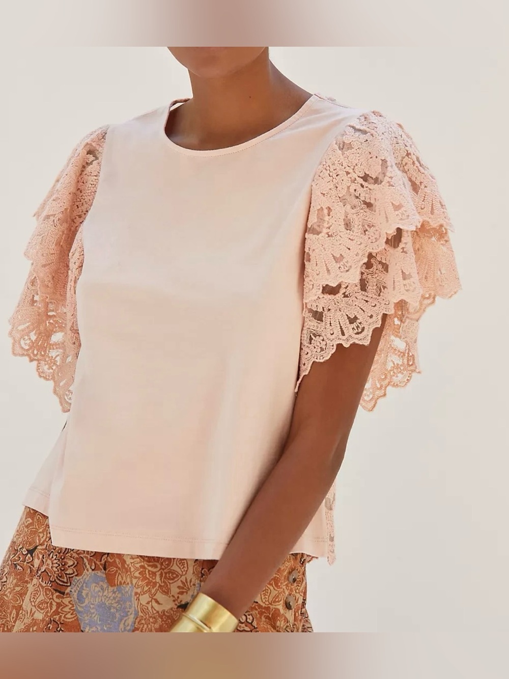 Forever That Girl by Anthropologie Blush Flutter Lace Short Sleeve Blouse-Size S